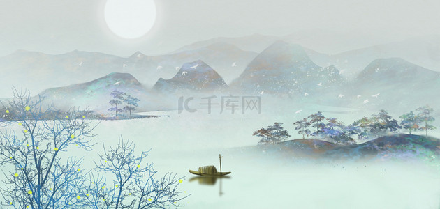 山背景图片_中国风山水船蓝色古风山水海报