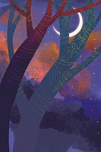月亮树木背景图片_晚上夜景夜晚月亮树木背景图