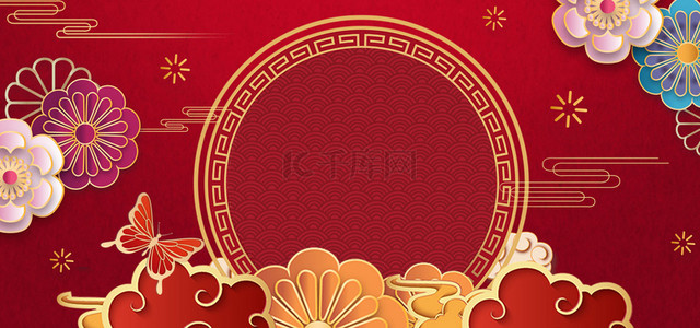 中式喜庆背景图背景图片_红色中国风剪纸花卉边框红色