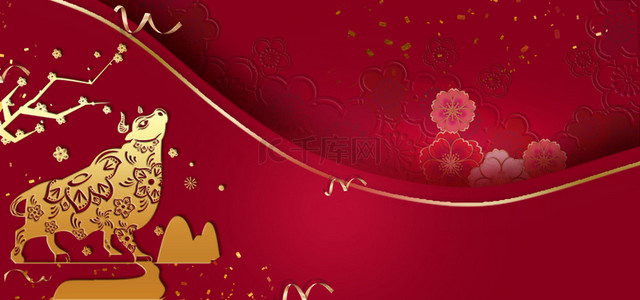 立体红金背景图片_红色剪纸新年喜庆牛年