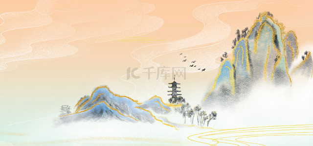 中式山脉背景图片_古风金线山水高清背景