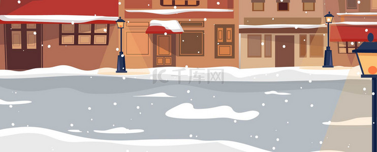 风景背景图片_冬季风景街道集市雪景扁平手配图