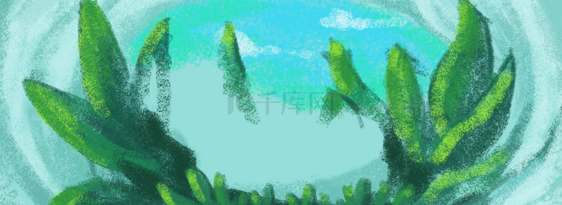 自然绿色蓝色天空清新文艺手绘背景图