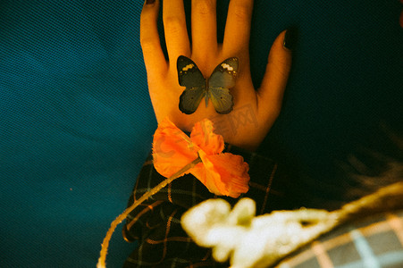 文艺图片白天女孩的手一只飞来的蝴蝶摄影图配图
