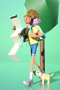 登山踏青人物绿色3D卡通形象C4D背景