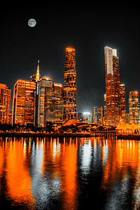广州珠江一线城市建筑大楼夜景摄影图配图