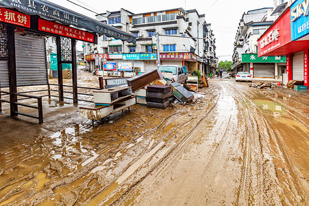 洪灾早上房屋山城流动摄影图配图