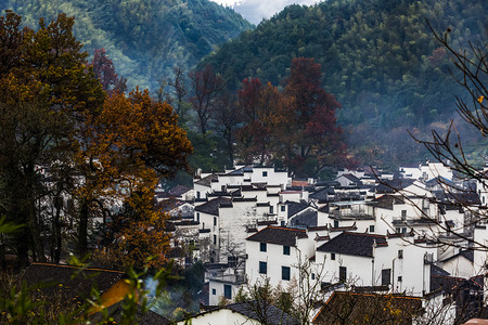 婺源石潭秋色秋天红枫叶乡村户外高视角摄影图配图