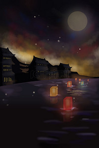 中元节祭祖夜晚月亮河流河灯广告背景
