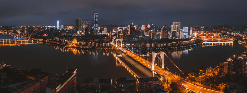 城市夜晚广西柳州红光大桥全景拼接航拍岸边无人机摄影图配图