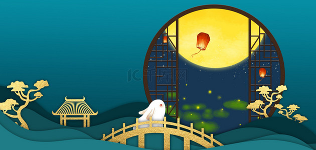 中秋快乐兔子背景图片_中秋节玉兔观月绿色背景