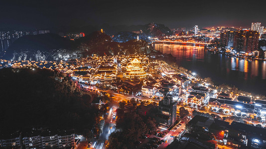 城市夜晚广西柳州窑埠古镇全景风光景区无人机摄影图配图