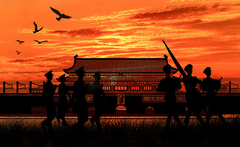 胜利摄影照片_建军节夕阳傍晚军人升国旗北京天安门创意合成摄影图配图