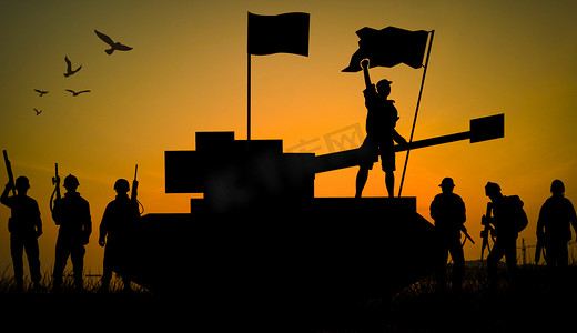 建军节夕阳胜利士兵战场创意合成摄影图配图