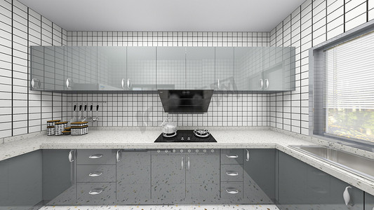 家居布置摄影照片_灰色厨房装修极简风格摄影图配图