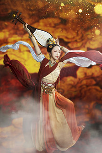 古典中国风红色摄影照片_飞天敦煌白天飞天女舞者室内反弹琵琶摄影图配图