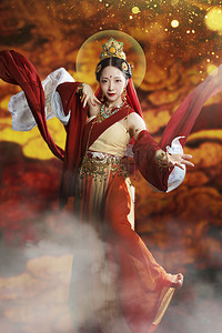 古典中国风红色摄影照片_飞天敦煌白天飞天女舞蹈室内飞天动作摄影图配图