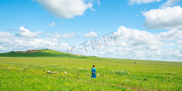 内蒙古草原白天牧民大草原牧羊摄影图配图