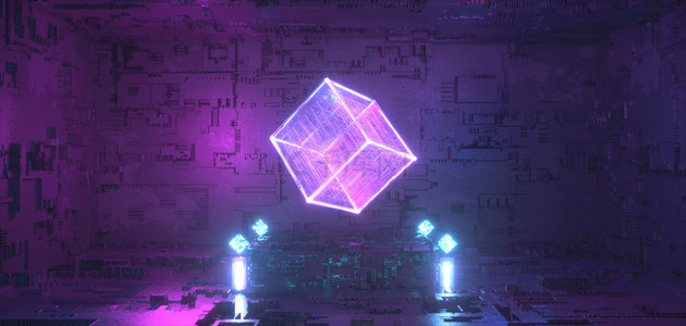 几何方块渐变背景图片_立体空间几何方块紫色光效科技场景