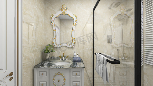 浴室玻璃摄影照片_室内卫生间洗手台浴室装修摄影图配图
