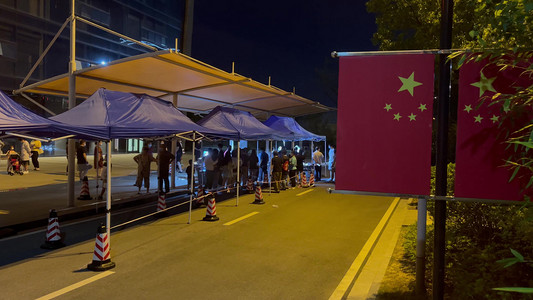中国国旗摄影照片_国旗下排队做核酸检测新冠疫情