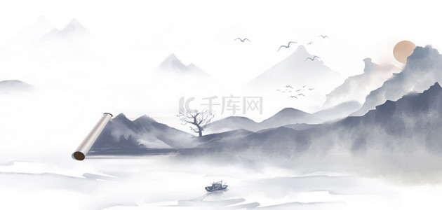 山水墨画背景图片_卷轴水墨山水灰系中国风山水画卷