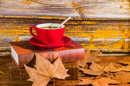 秋天白天咖啡杯树叶室内书本摄影图配图