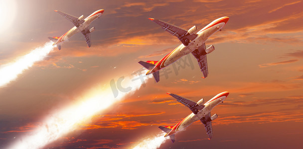 空军战斗机展示国庆节战斗机飞机夕阳天空创意合成摄影图配图