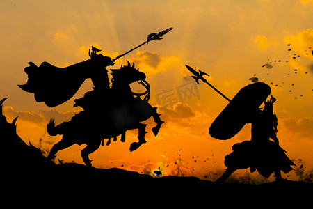 夕阳剪影古代将军将士战场创意合成摄影图配图