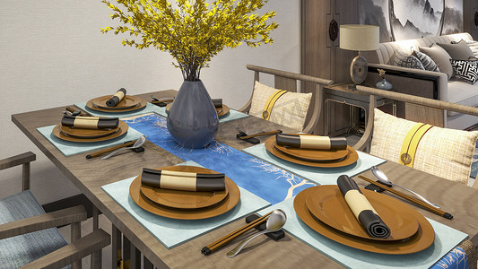室内中式餐桌餐具装饰摄影图配图