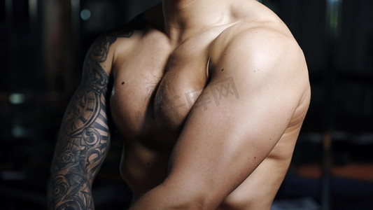 增肌摄影照片_健身教练健硕肌肉男性胸肌线条展示健身运动