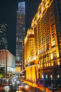 城市夜晚广州cbd车流马路高楼大厦摄影图配图