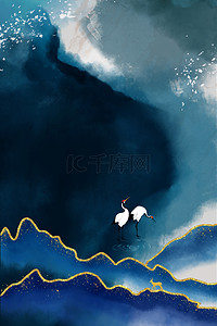 白露24节气背景图片_白露节气仙鹤蓝色鎏金中国风海报