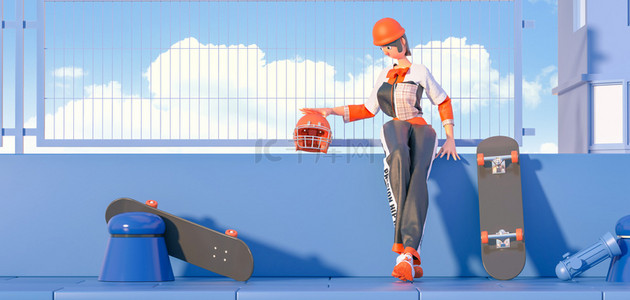 滑板背景图片_3d人物滑板蓝色卡通