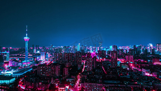 福州到成都摄影照片_魔幻赛博朋克成都夜景城市全貌