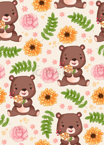 夏季卡通熊与花朵无缝隙背景