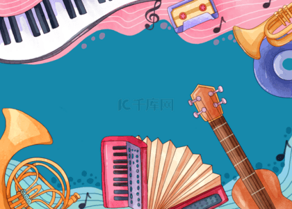 钢琴吉他背景图片_蓝色音乐乐器背景