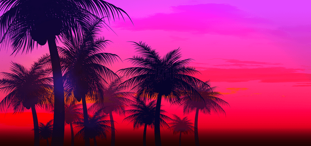 渐变夜空背景图片_紫红色渐变夏季抽象剪影