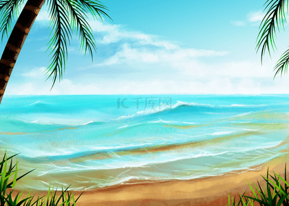 水彩背景图片_波浪夏季海滩水彩墨迹背景