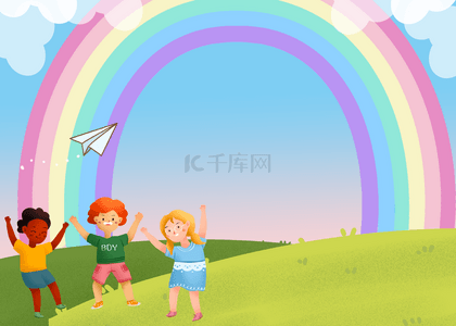 彩虹蓝天纸飞机卡通可爱国际儿童节日背景