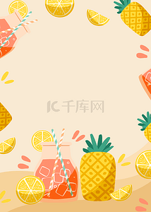 夏日饮料背景图片_菠萝水果和饮料夏季海滩可爱背景