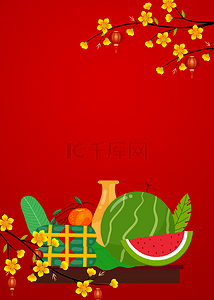 西瓜框背景图片_红底图案梅花西瓜越南春节背景