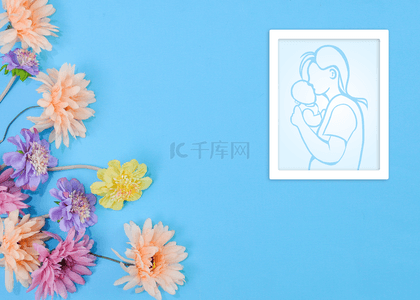 母亲节相框花卉蓝色背景