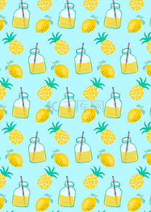 水果卡通菠萝背景图片_黄色菠萝和冷饮无缝隙夏季水果背景