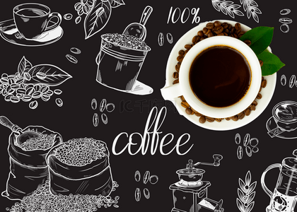 线稿咖啡豆咖啡机咖啡杯