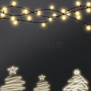 白色线条卡通圣诞树和彩灯