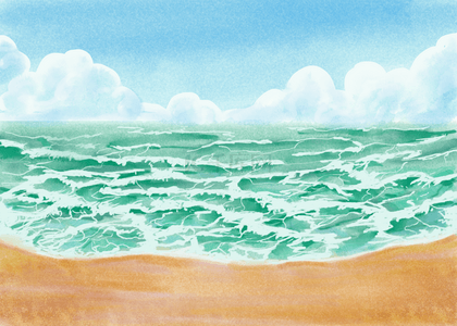 沙滩背景图片_水彩蓝色海水波浪天空