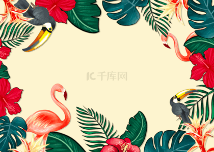 火烈鸟卡通背景图片_红色火烈鸟花卉热带背景与动物