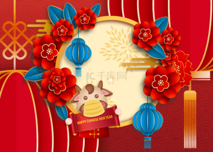 新年快乐剪纸风格背景图片_新年红色中国风格金色描边背景