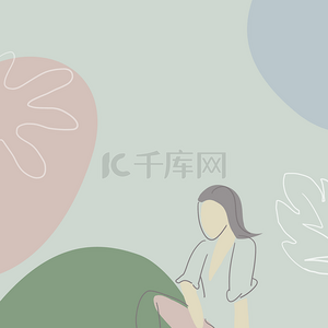 女生背景图片_线条树叶和女生浅绿色背景